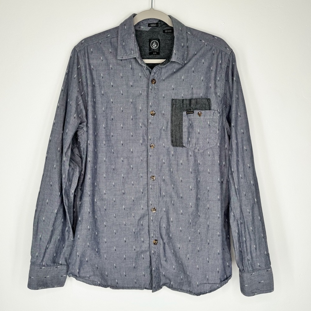 Volcom Blue Print Long Sleeve Button Down Shirt Double Pocket Men’s Size XL